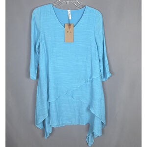 Aria Handmade Top Sky Blue Athena Tunic Cotton‎ Lagenlook Sustainable Sz Medium